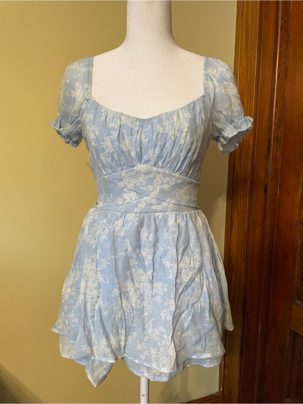 Trixxi Pale Blue Floral Puff Sleeve Mini Dress